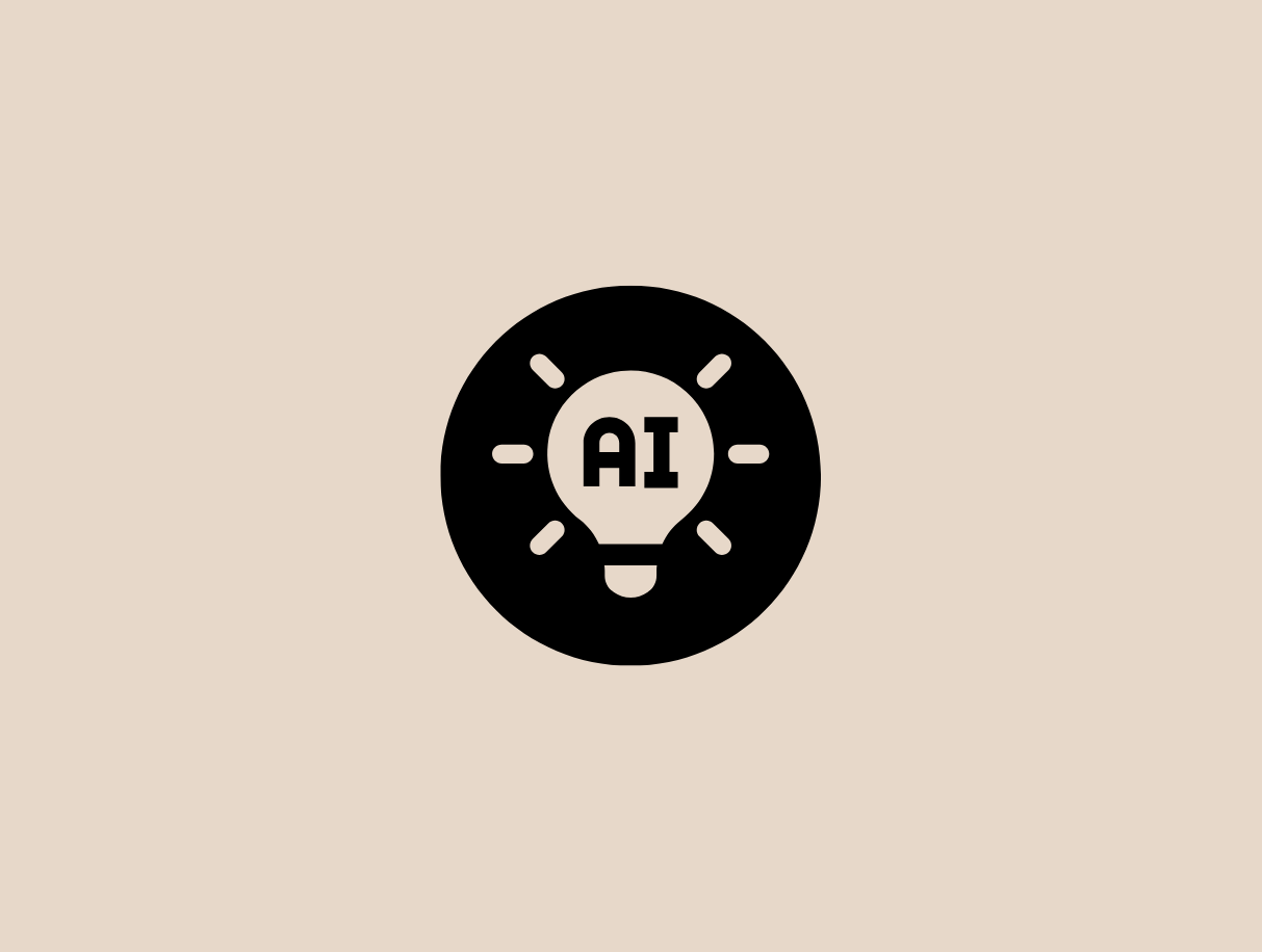 Black icon of a light bulb with the letters "AI" inside, symbolizing artificial intelligence and innovation, on a beige background.